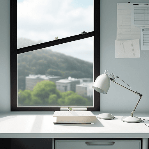AI generated: 

realistic picture|beautiful heartwarming white desk|window to a beautiful view near the desk|tiny ...