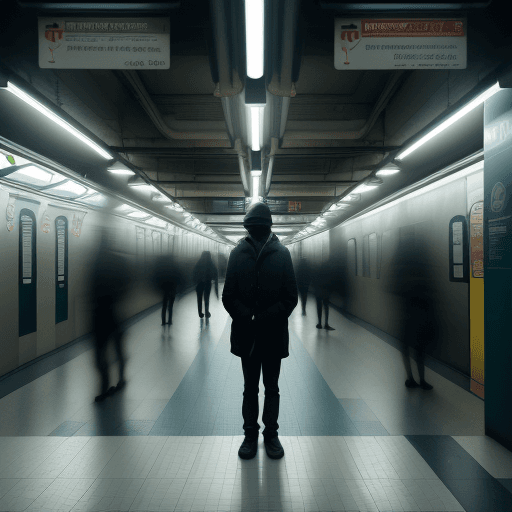 AI generated: create an image of a person standing alone in a subway station, under a single bright fluorescent li...