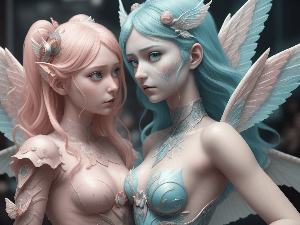 AI generated: two human like ice cream fairys, with wings, intricate, realistic face, detailed portrait, detailed ...