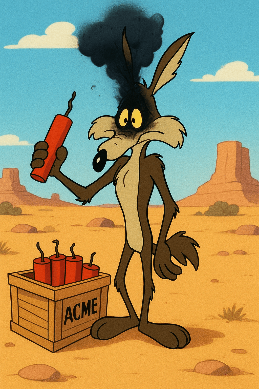 AI generated: Une illustration dans le style cartoon classique de Looney Tunes. On y voit Wile E. Coyote, personna...