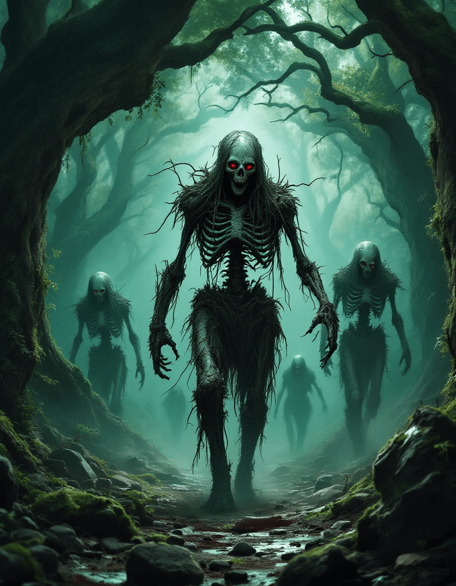 AI generated: A group of skeletal undead rising from the forest floor, their bones twisted with roots, vines, and ...