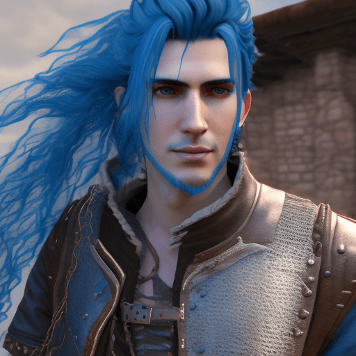 AI generated: wavy blue haired tall handsome young guy, wearing medieval clothes and leather jacket, masterpiece, ...