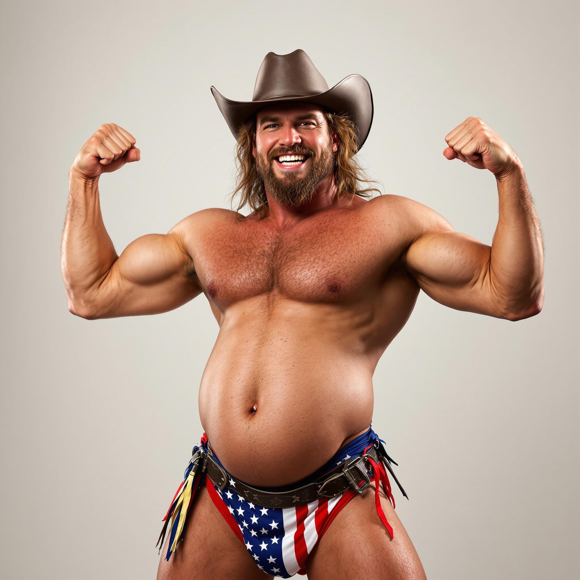 AI generated: Male stripper, big crotch bulge, muscles, cowboy hat, cowboy boots, American flag thong, flexing, sm...