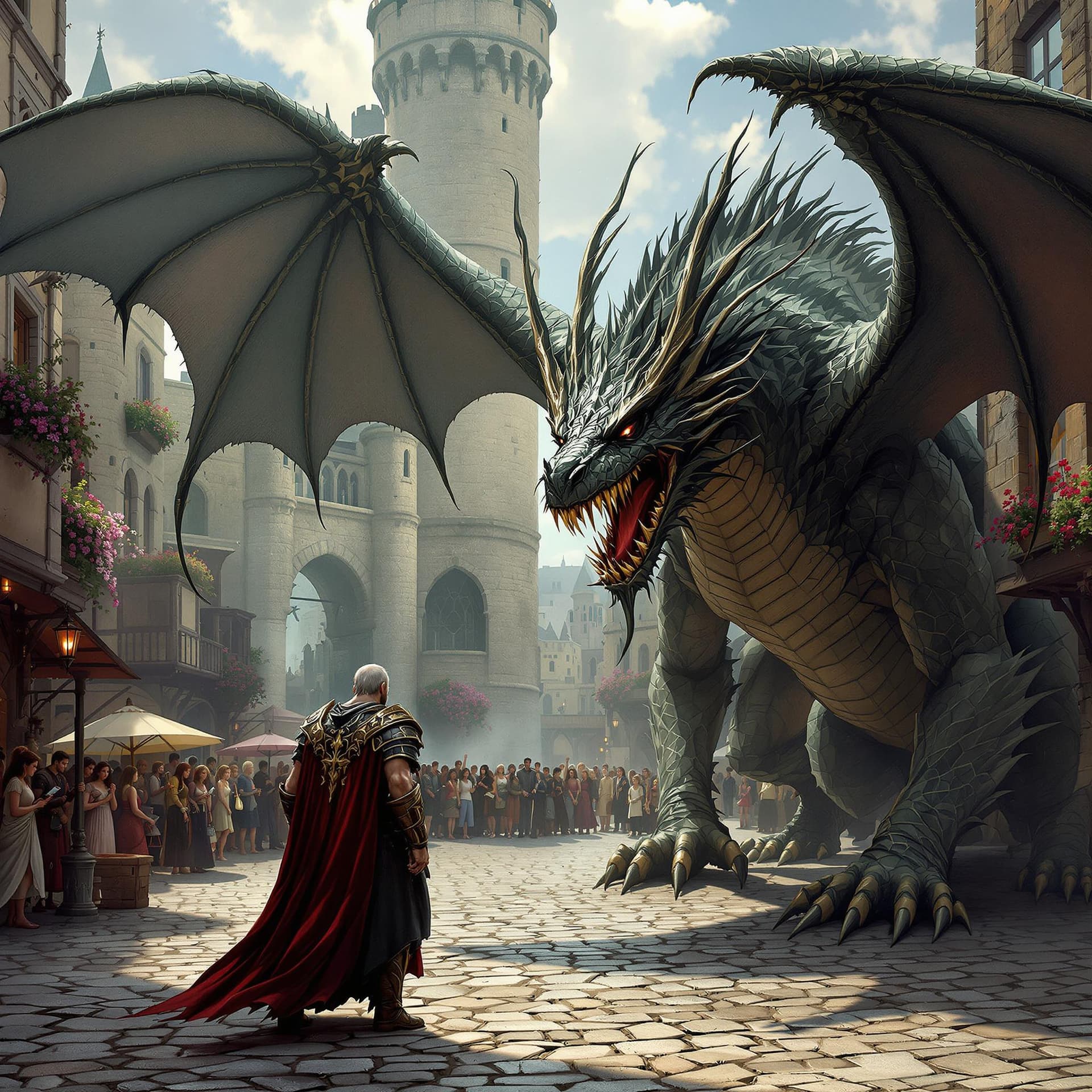 AI generated: An ancient warrior in battle dress approaches a gothic dragon in on a cobblestone town square with t...