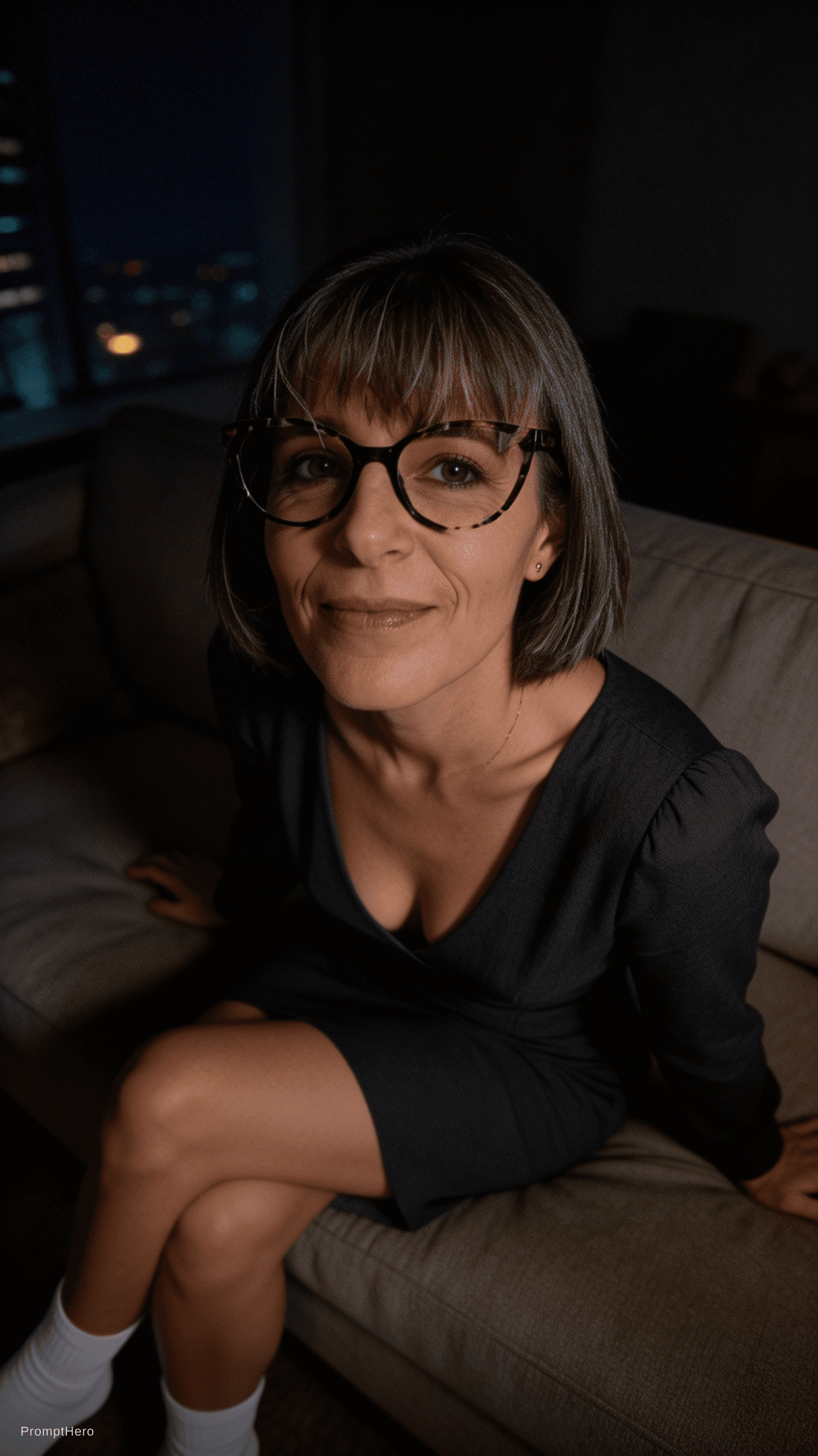 AI generated: looking at me. Sitting on a couch at night(no lights), wearing same (cleavage) dress and white socks...