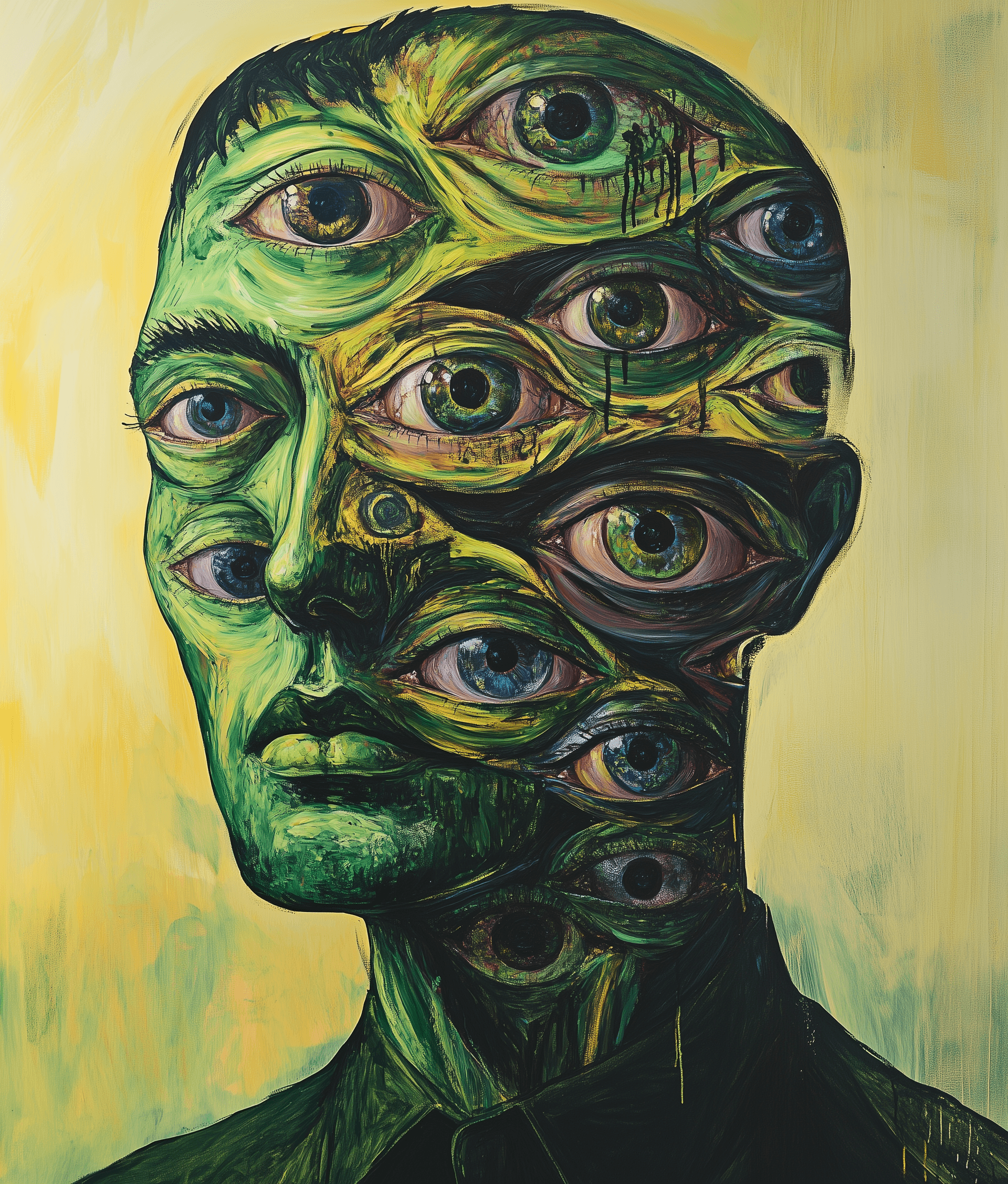 AI generated: A man with green skin and many eyes, his head is transparent, showing the internal anatomy of multip...