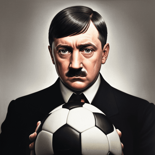 AI generated: Portrait of adolf hitler holding a soccer ball under his chin looking straight at the camera