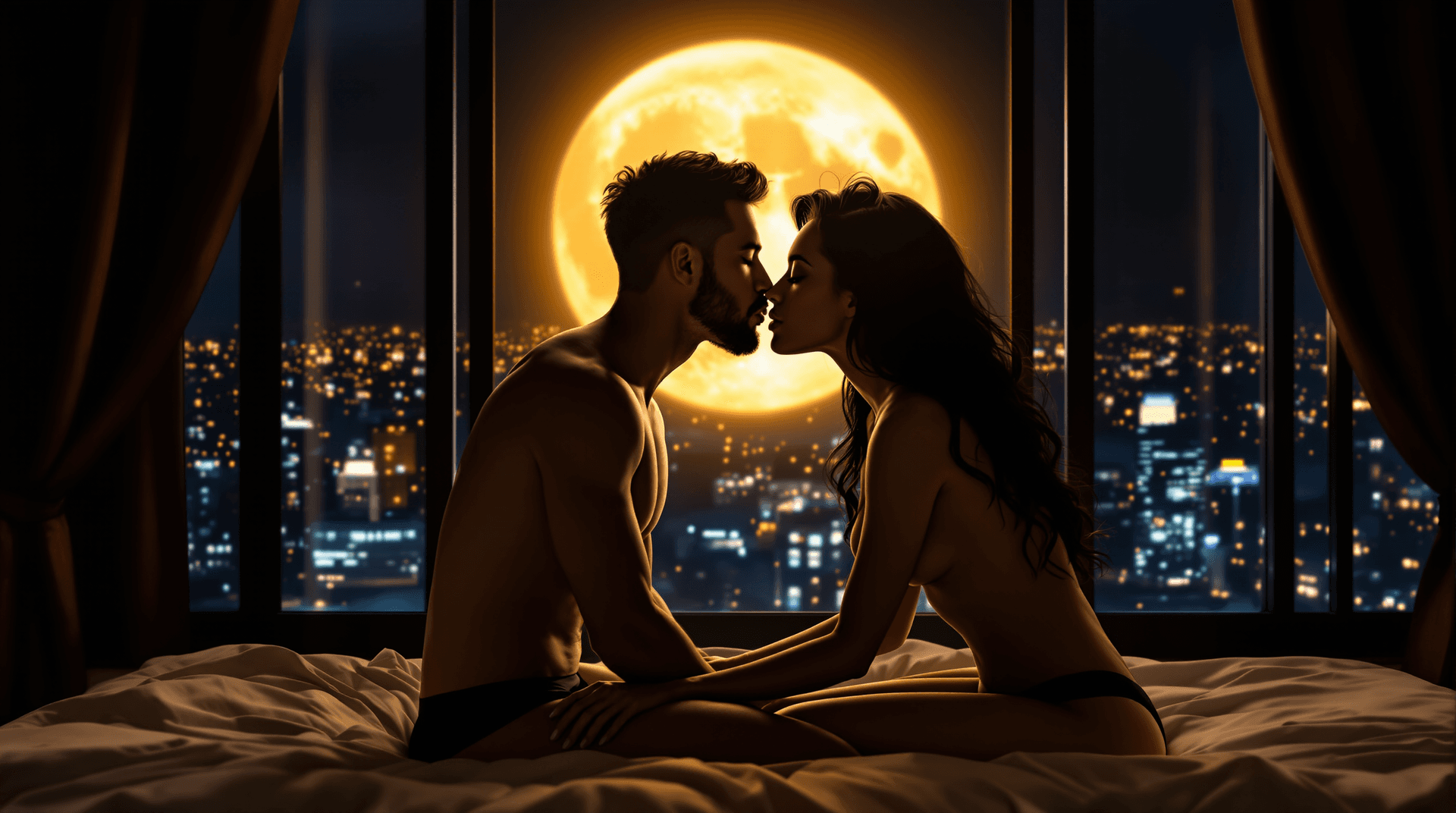 AI generated: image featuring a romantic, intimate scene set against a nighttime cityscape. A (nude) couple is sea...