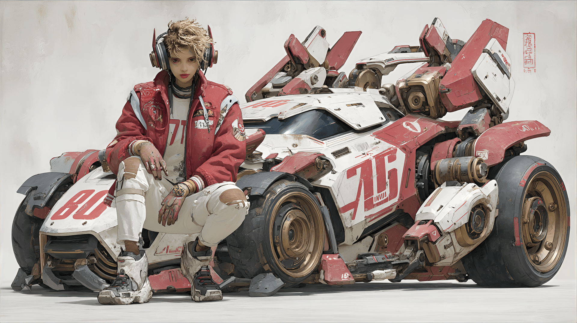 AI generated: woman is crouched next to a large, red and white robot that resembles a vintage-style sports car