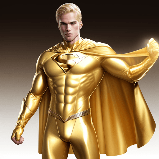 AI generated: male superhero named champion blond hair, skin tight gold suit no logo, gold cape, gold gloves
