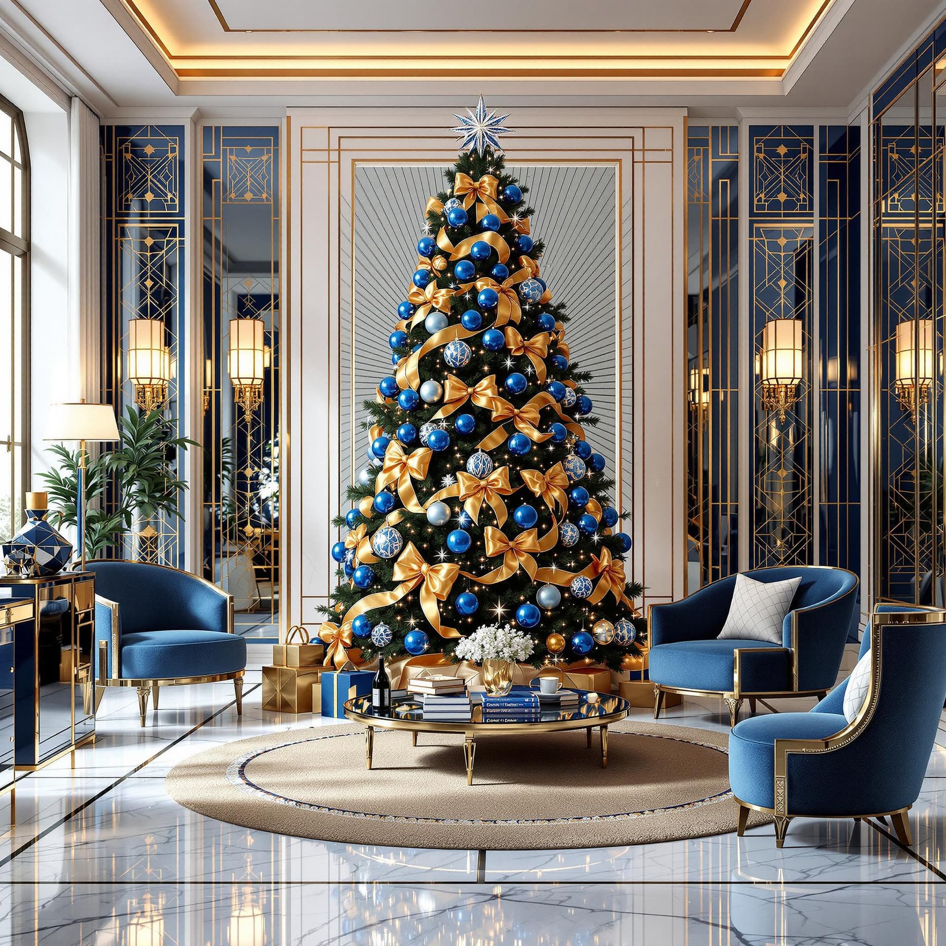 AI generated: Luxurious interior of a living room decorated for Christmas, with a luxurious tree with blue balls a...