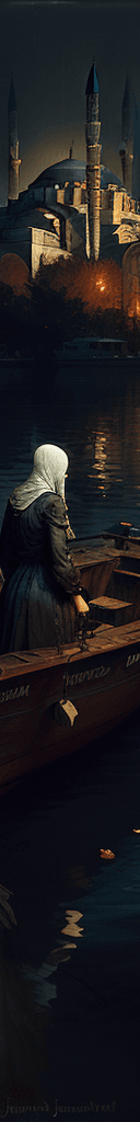 AI generated: There was a person I loved, boat, lake, The Hagia Sophia Mosque appears blurry in the background, da...