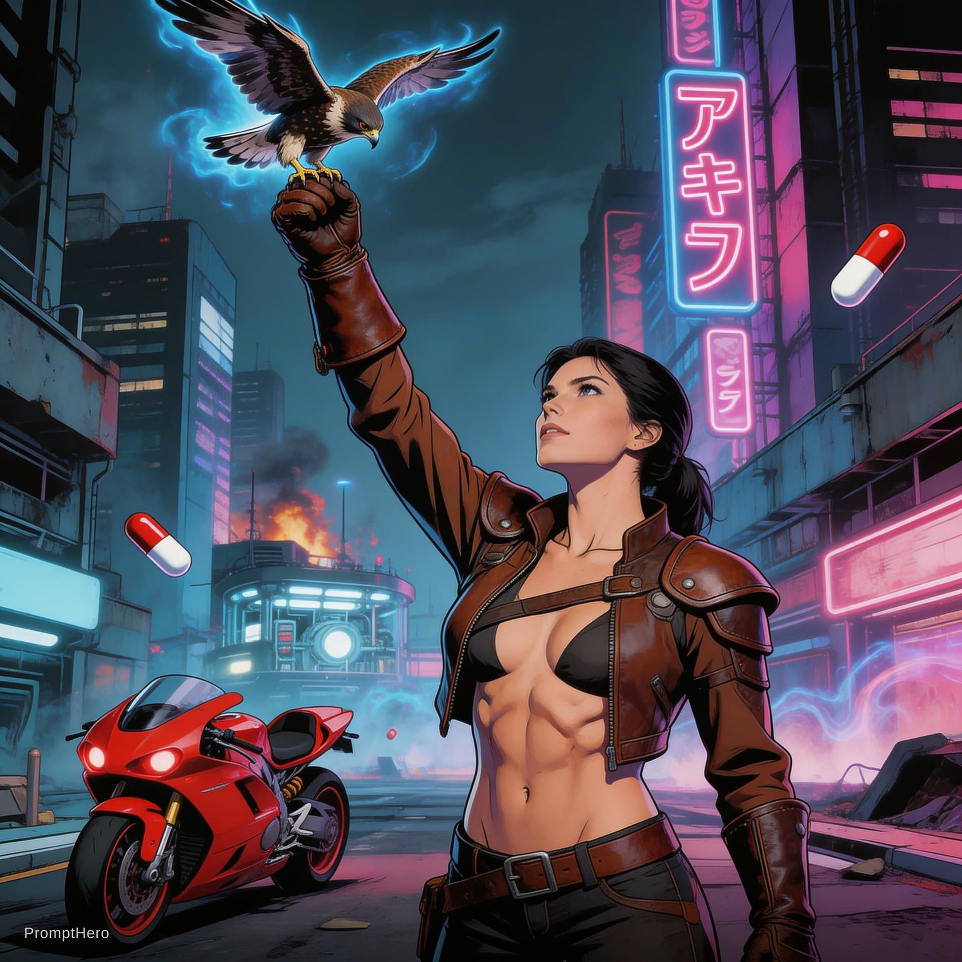 AI generated: artwork A master falconer signals to her bird circling high above, her traditional leather gear feat...