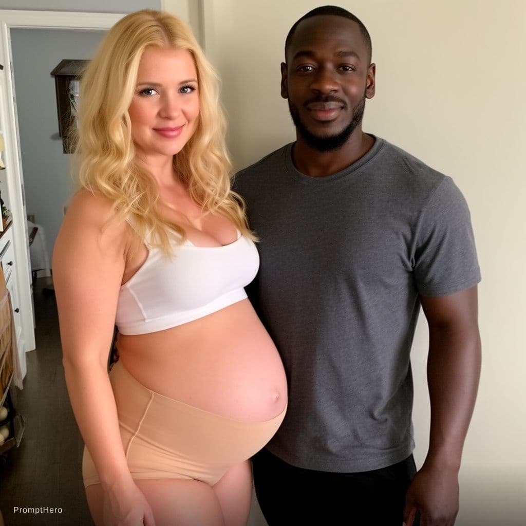 AI generated: hot blonde with pregnant belly in underwear with black guy