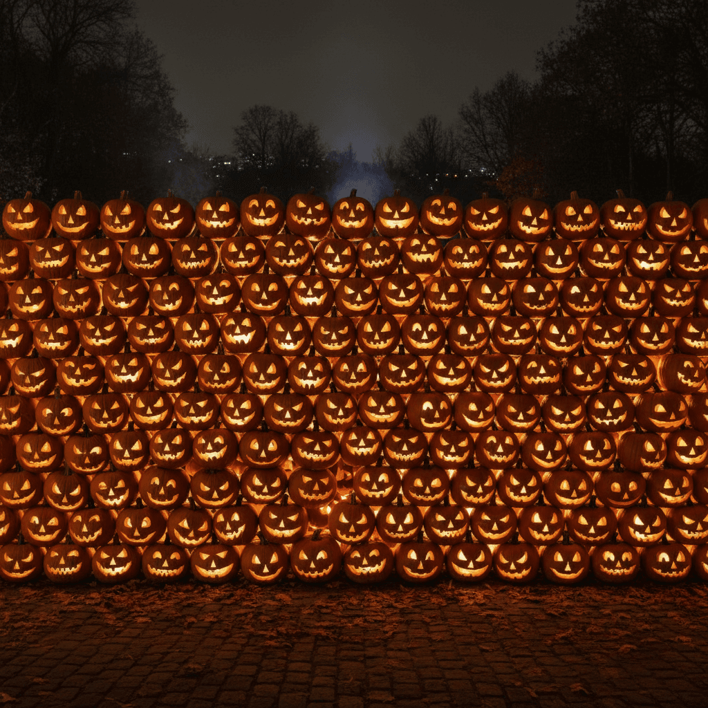 AI generated: "A wall of carved pumpkins — frontal shot, hundreds of glowing faces lighting up the night"
