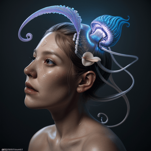 AI generated: Goddess close-up portrait ribcagel. jellyfish phoenix head, nautilus, orchid, skull, betta fish, bio...