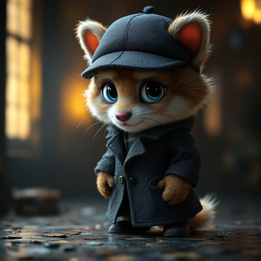 AI generated: cut little fluffy  boy 
cub dressed up as sherlock holmes, blue eyes, investigating a crime, pixar-s...