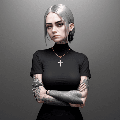 AI generated: a woman in black shirt with her arms folded against , in the style of tattoo, normcore, dark silver ...