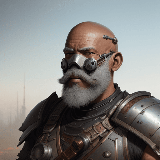 AI generated: 8k an elderly bald african american in rusty scavenger armor and a welders mask a long white beard s...