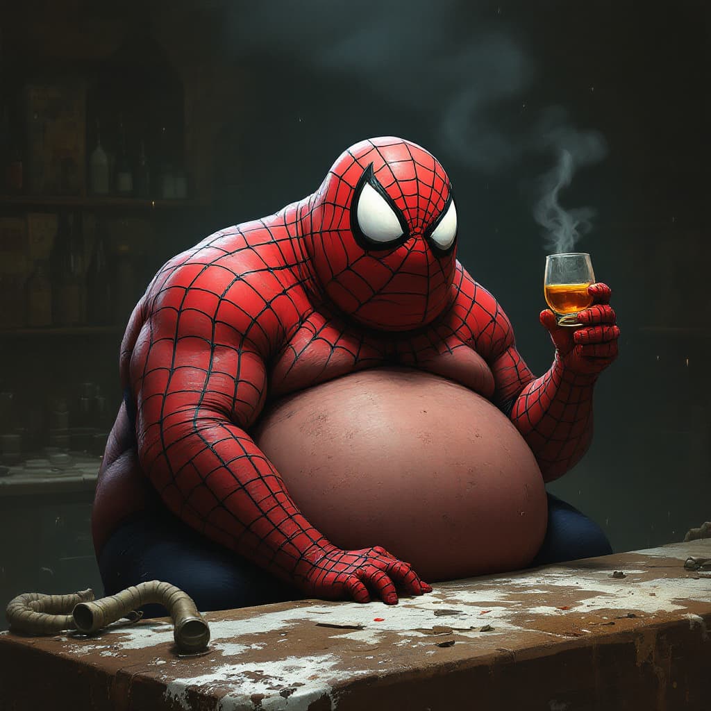 AI generated: lonley, fat  spiderman, costume old, mold humid, drinking bar scotch