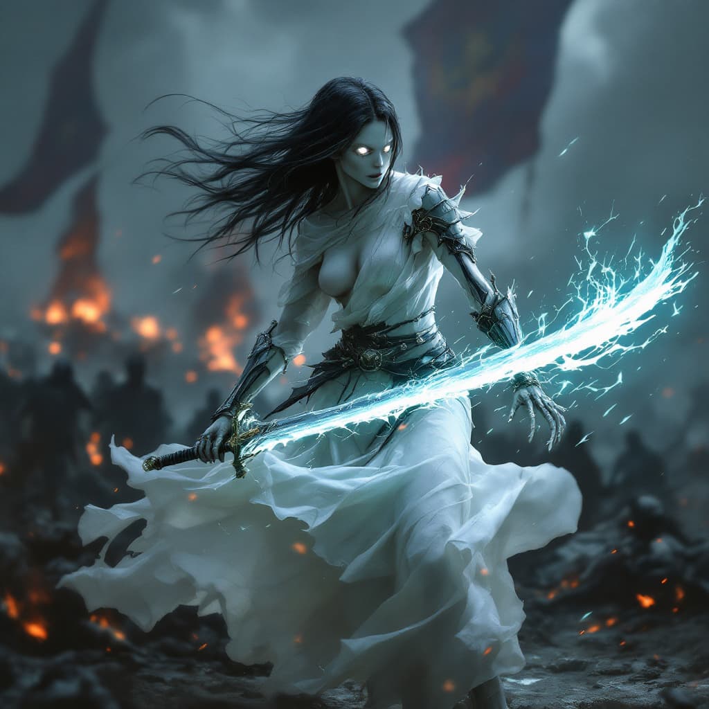 AI generated: in Krenz Cushart style: 1.2, high-quality masterpiece, A ghostly swordswoman, barefoot, full-body vi...