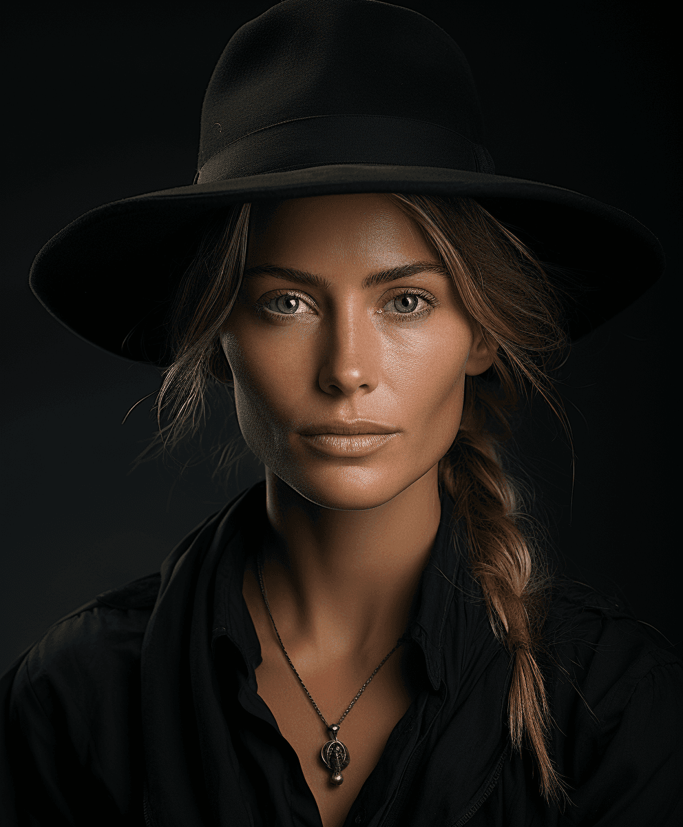 AI generated: a woman wearing a black shirt and an oversized hat, in the style of david yarrow, celebrity-portrait...
