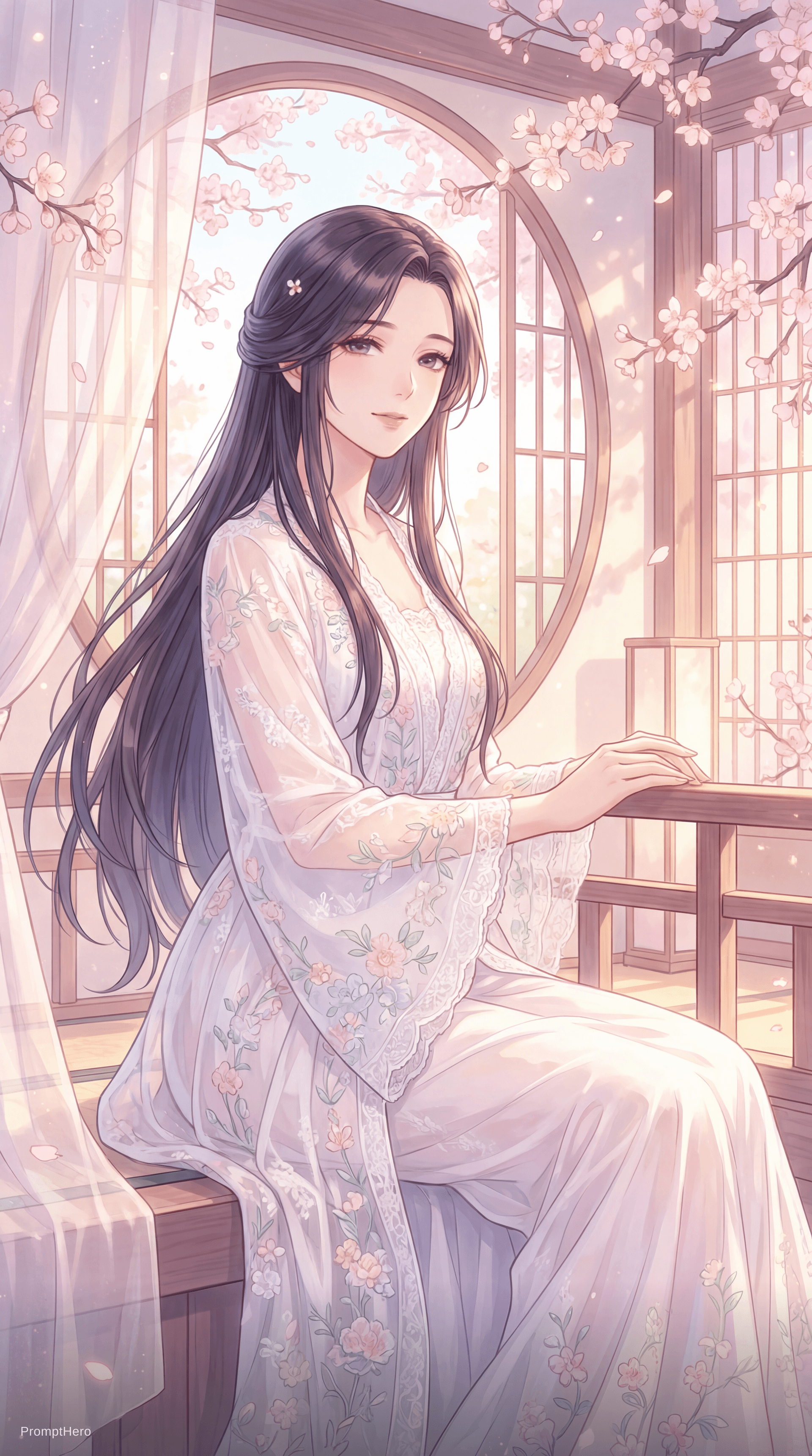 AI generated: A refined anime style woman in a flowing white lace robe with floral embroidery, soft pastel lightin...