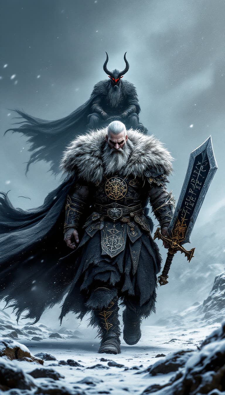 AI generated: An ultra-realistic, zoomed out, front facing full-body portrait of a towering Berserker, his fur-lin...