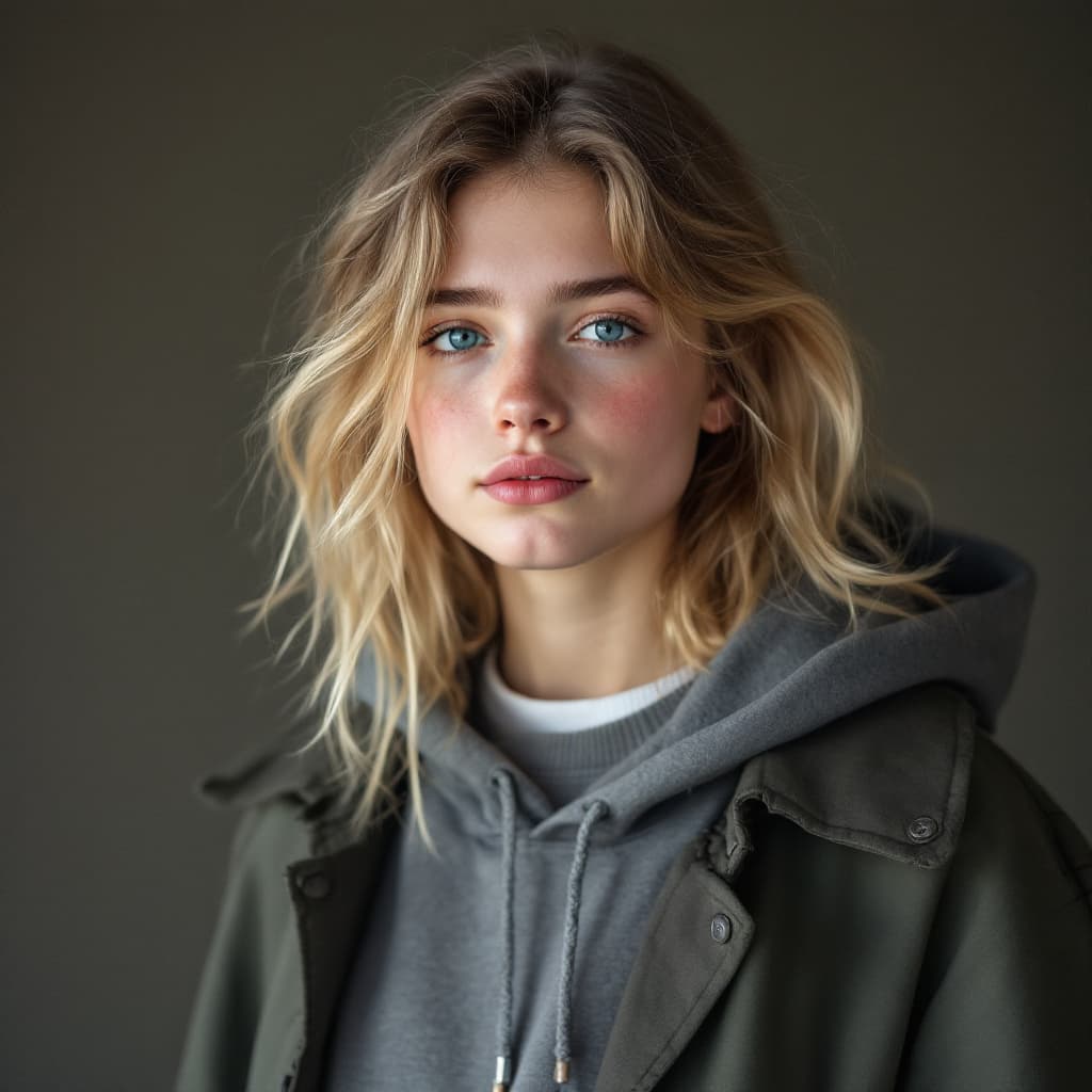 AI generated: Cute Teenager, scandinvian looking, blonde hair, looking shy, standing up