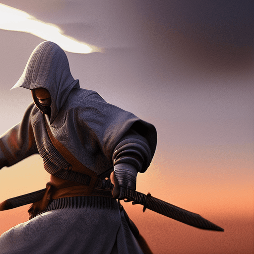 AI generated: photo of a ultra realistic ninja, dramatic light, pale sunrise, cinematic lighting, battered, top an...
