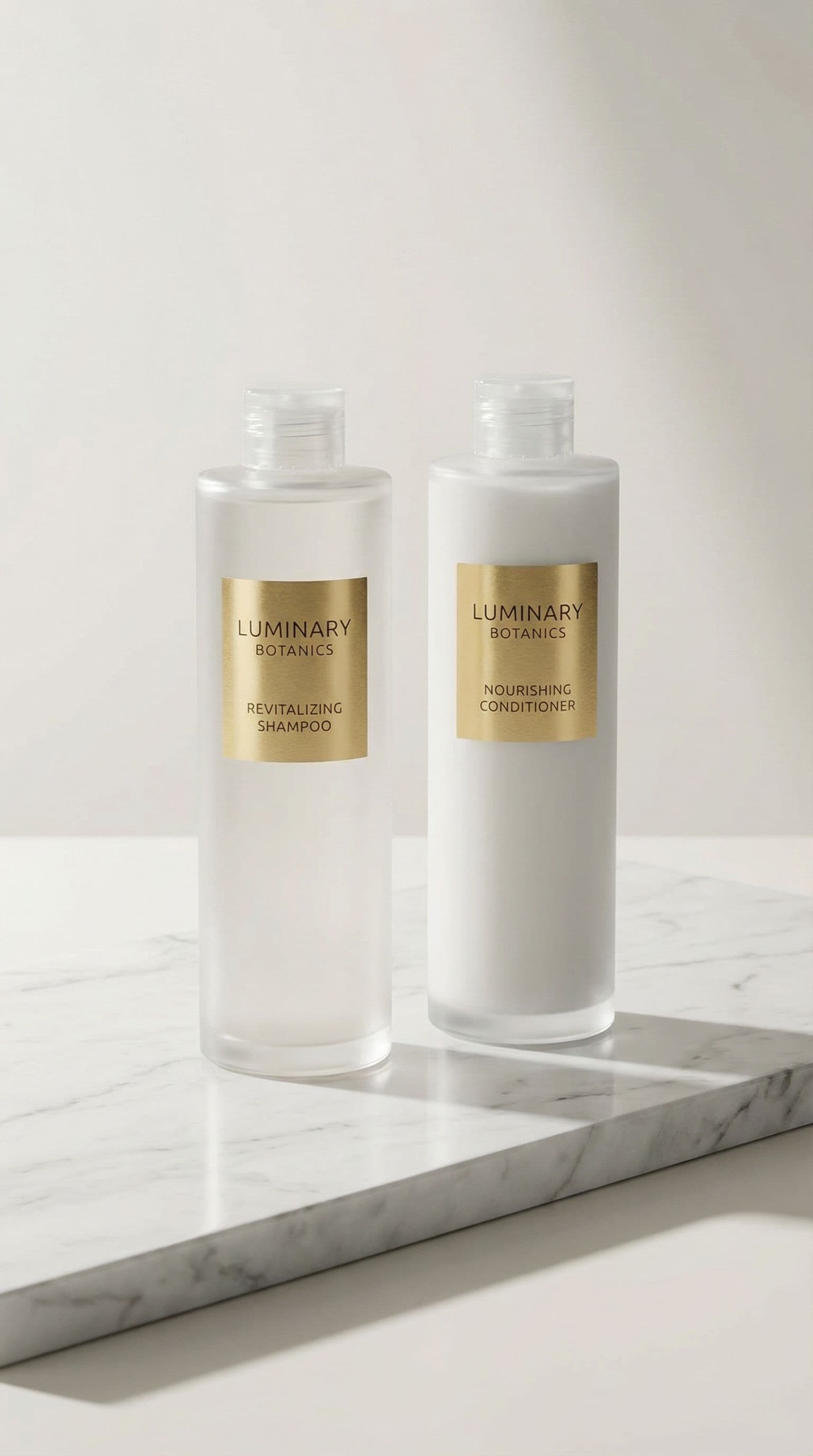 AI generated: High-end studio photograph of premium hair care products, shampoo and conditioner bottles, placed on...
