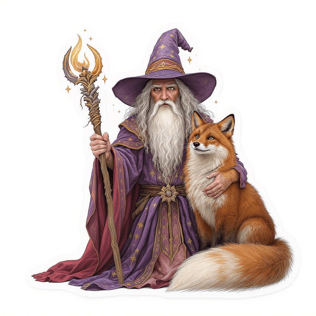 AI generated: a wizard whit a spiritual fox
