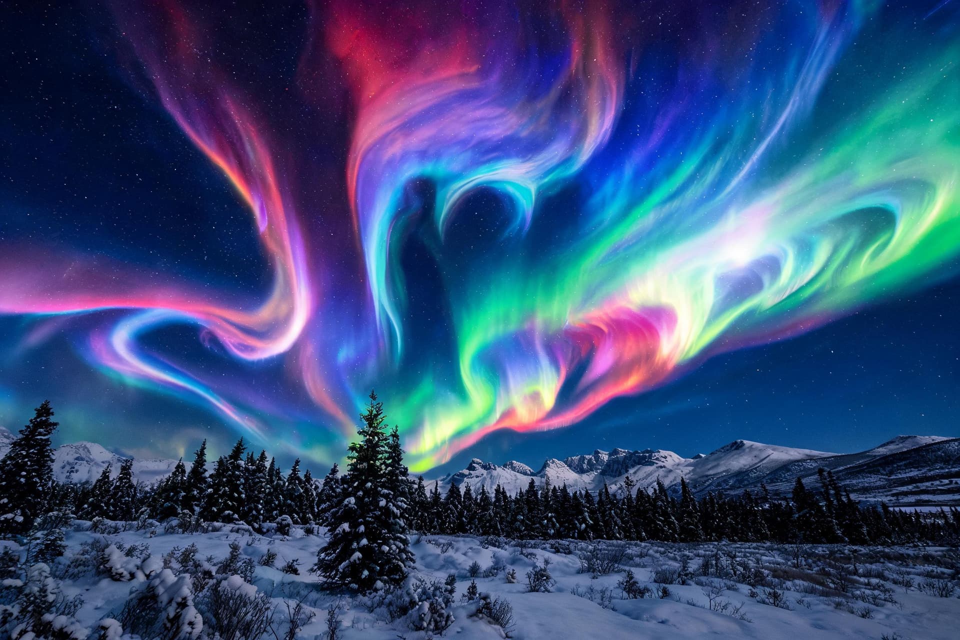 AI generated: northern lights swaying in red purple blue green and pink hues 