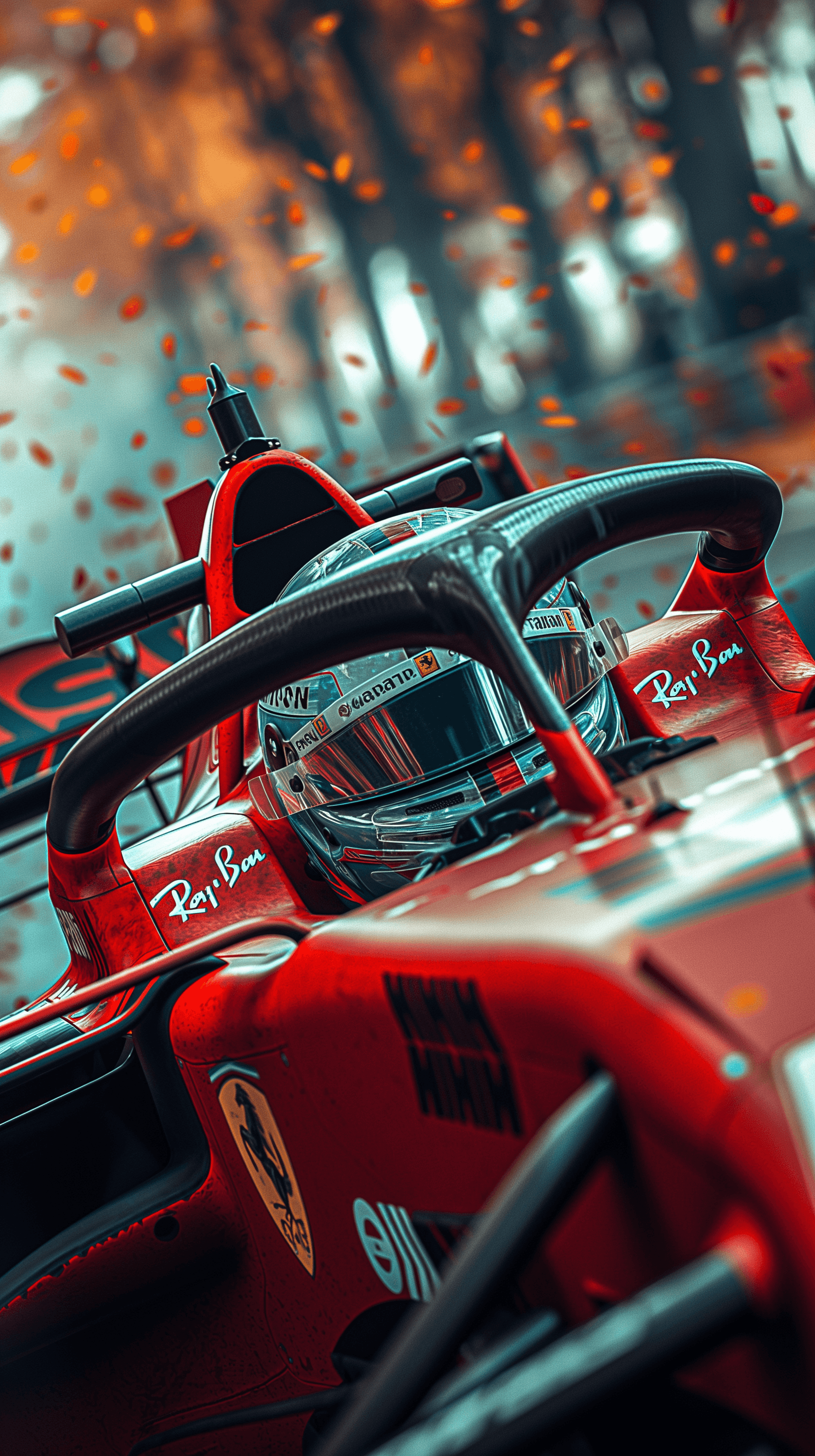 AI generated: GP Racing cover photo of a high-performance Formula 1 race car with driver, in the style of Kym Illm...