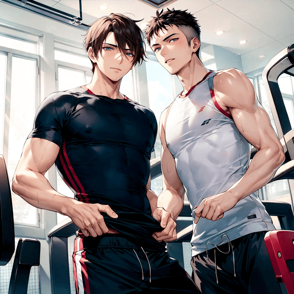 AI generated: High image quality, ((two beautiful men)), delicate eyes, thin muscular, tall, random hairstyle, rou...