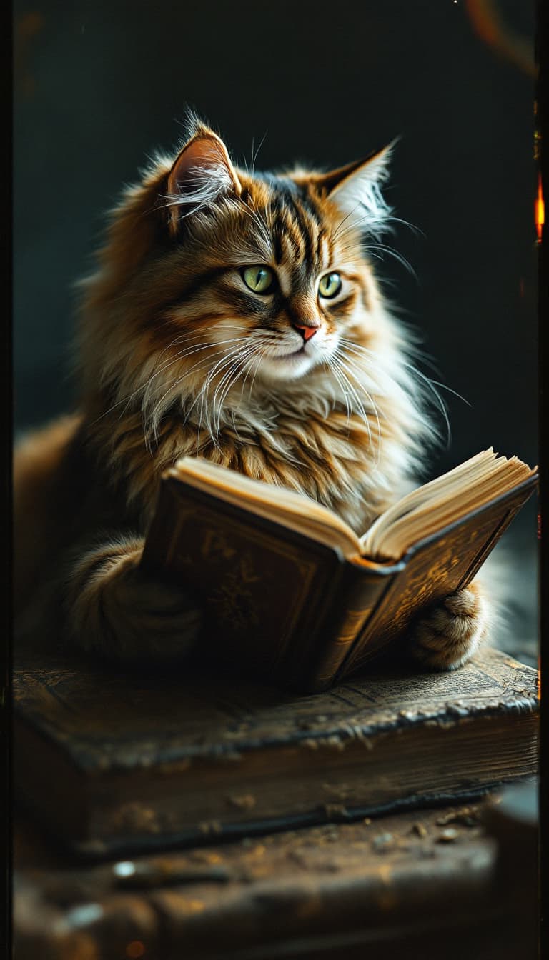 AI generated: Wise Cat reading an ancient book, polaroid cam