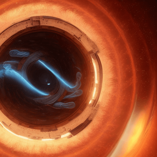 AI generated: Cinematic shot of a sleek starship, intricate details visible, navigating a mesmerizing wormhole wit...