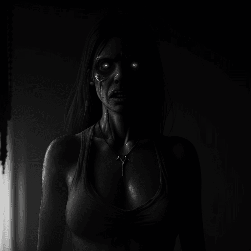 AI generated: A mutant hostile girl emerging from a dark room, necklace, gray lighting, painful, deformed body, pe...