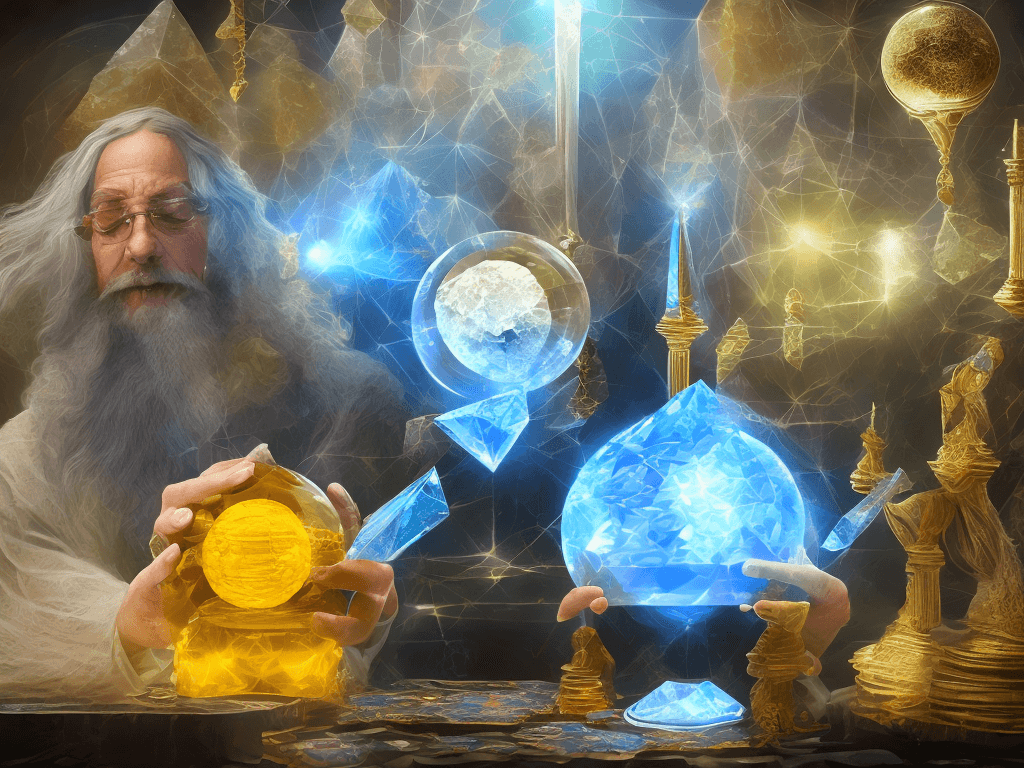 AI generated: a bitcoin wizard with crystal ball worshipping bitcoin, futuristic high-tech spiritualism, photoreal...