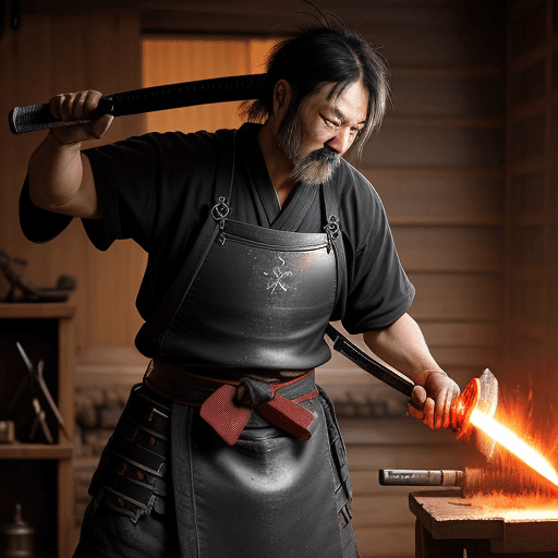 AI generated: blacksmith use hammer to create samurai sword