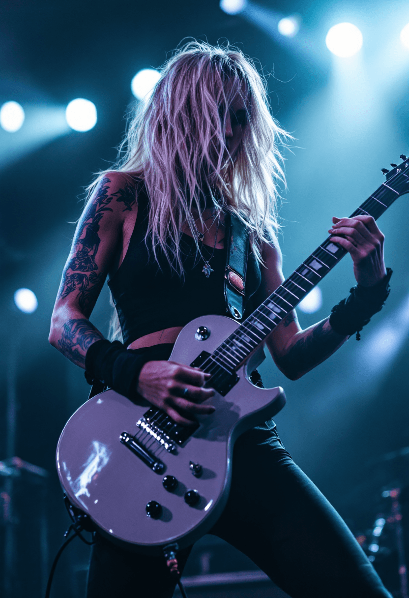 AI generated: Female Norwegian rockstar playing electric guitar on stage, long blonde messy hair, with tattoos, ro...