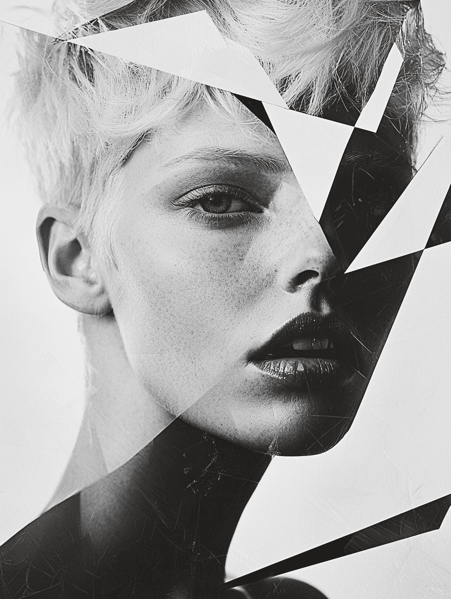 AI generated: A close-up portrait of a woman with short platinum blonde hair, in the style of Irving Penn and Pabl...