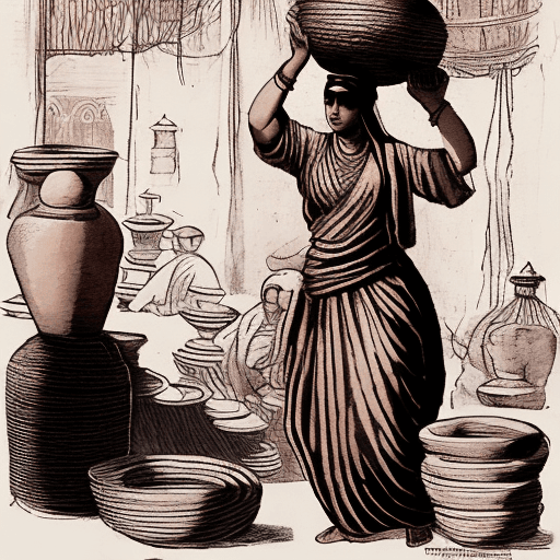 AI generated: A captivating illustration of a woman from Arab antiquity in a bustling market, skillfully balancing...