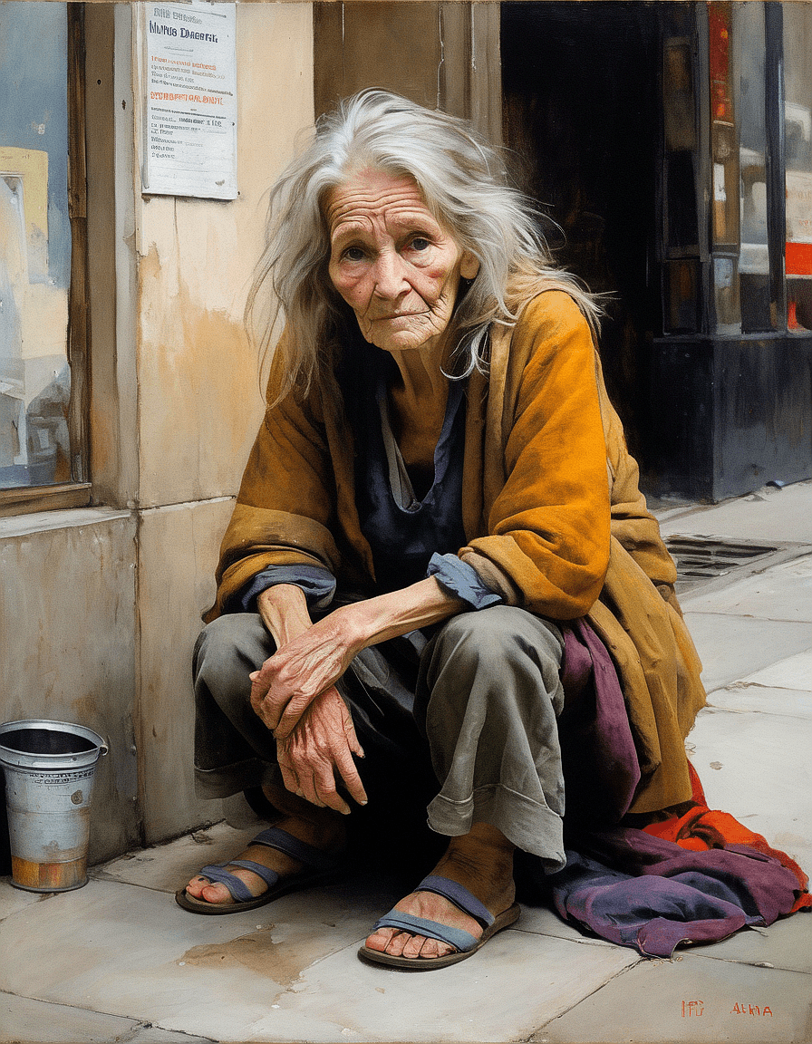 AI generated: An image of oil painting of an old freckles woman, sitting on the floor, background: city street, ar...