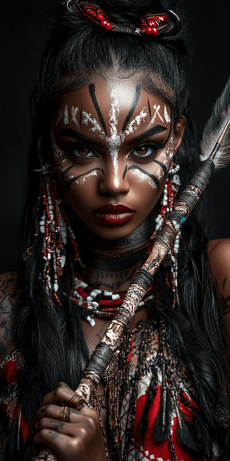 AI generated: Full-body photography of an African warrior woman with face paint and an arrow, long black hair in b...