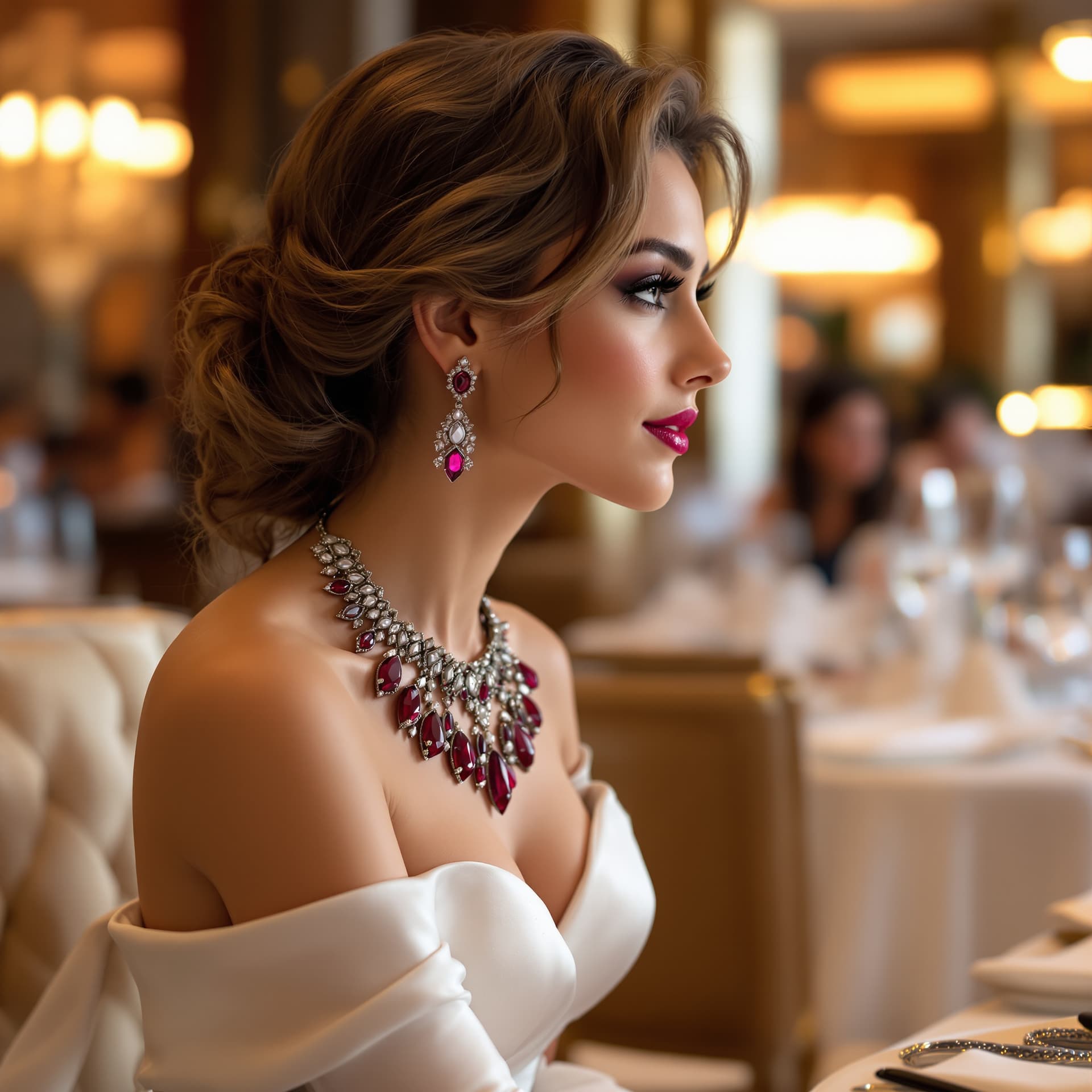 AI generated: Girl Wearing a (large ornate Ruby necklace and Ruby Earrings:1.3)
(at a high end restaurant:1.3), L...
