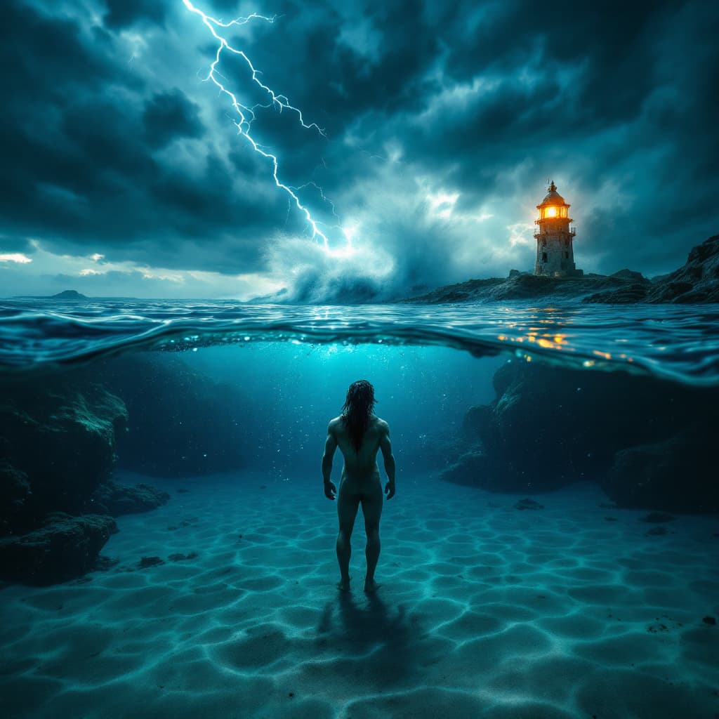 AI generated:  A cinematic split-frame composition where the lens is half-submerged underwater. Below the surface,...