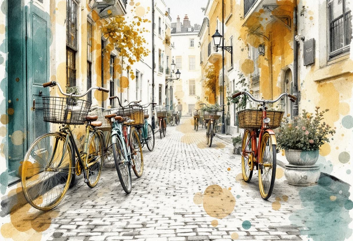 AI generated: A Vintage Watercolor Collage of antique bicycles in cobblestone streets, combining nostalgic element...