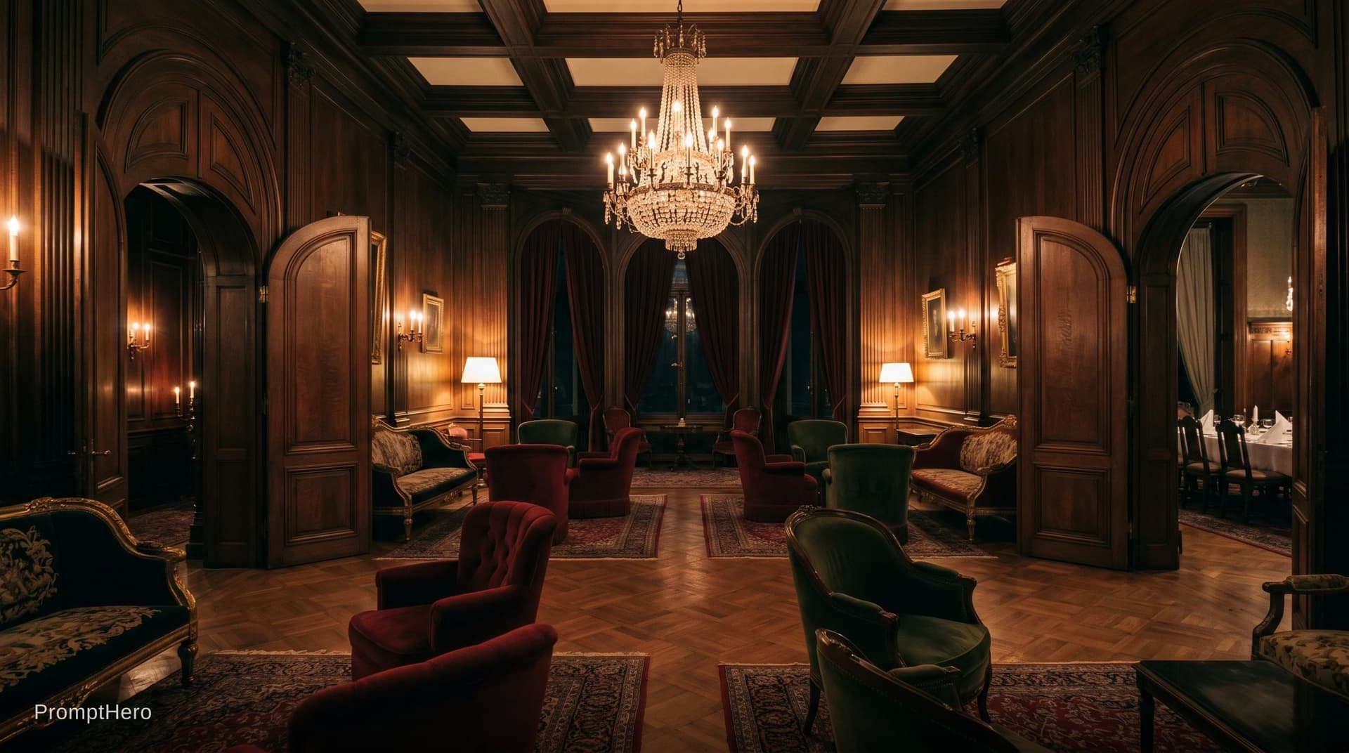 AI generated: Create a large sitting room in an opulent mansion like in Eyes Wide Shut. The Room is empty of guest...