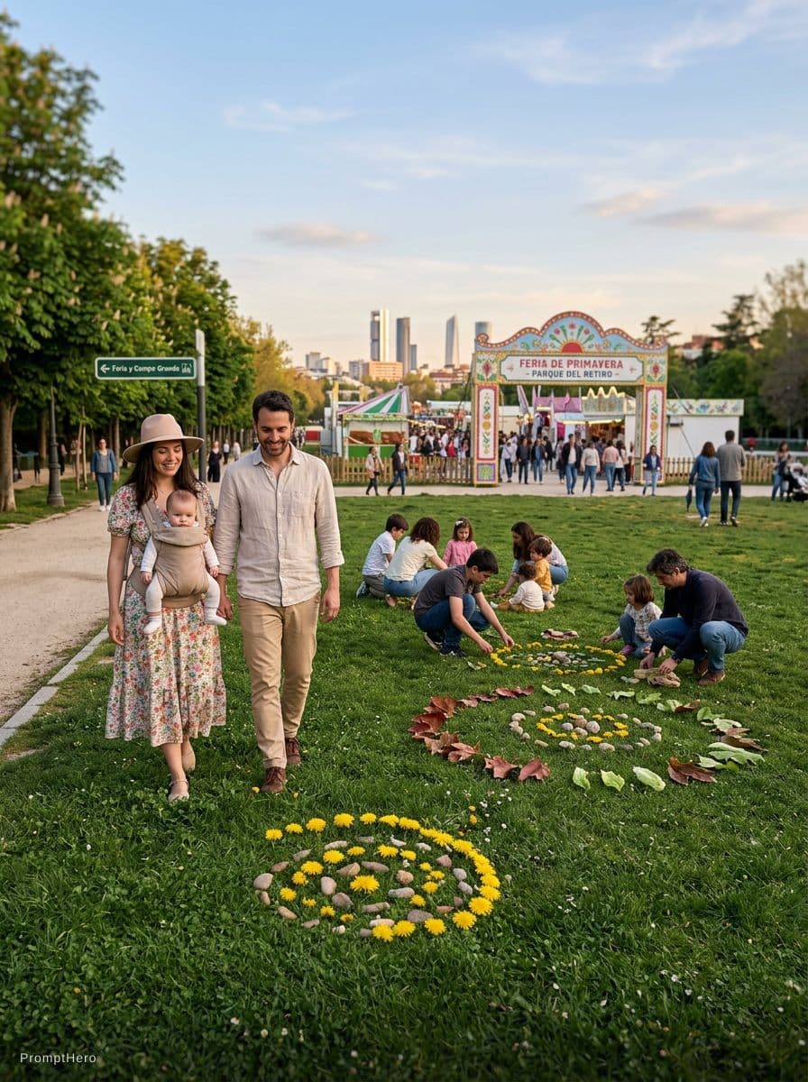AI generated: A family of mother, father and a baby, enter a space in a green field from a natural park by the cit...